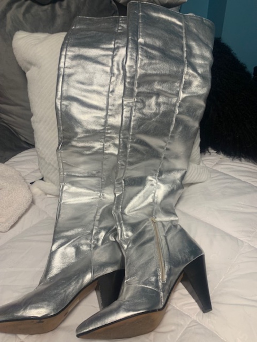Silver leather over the knee boots